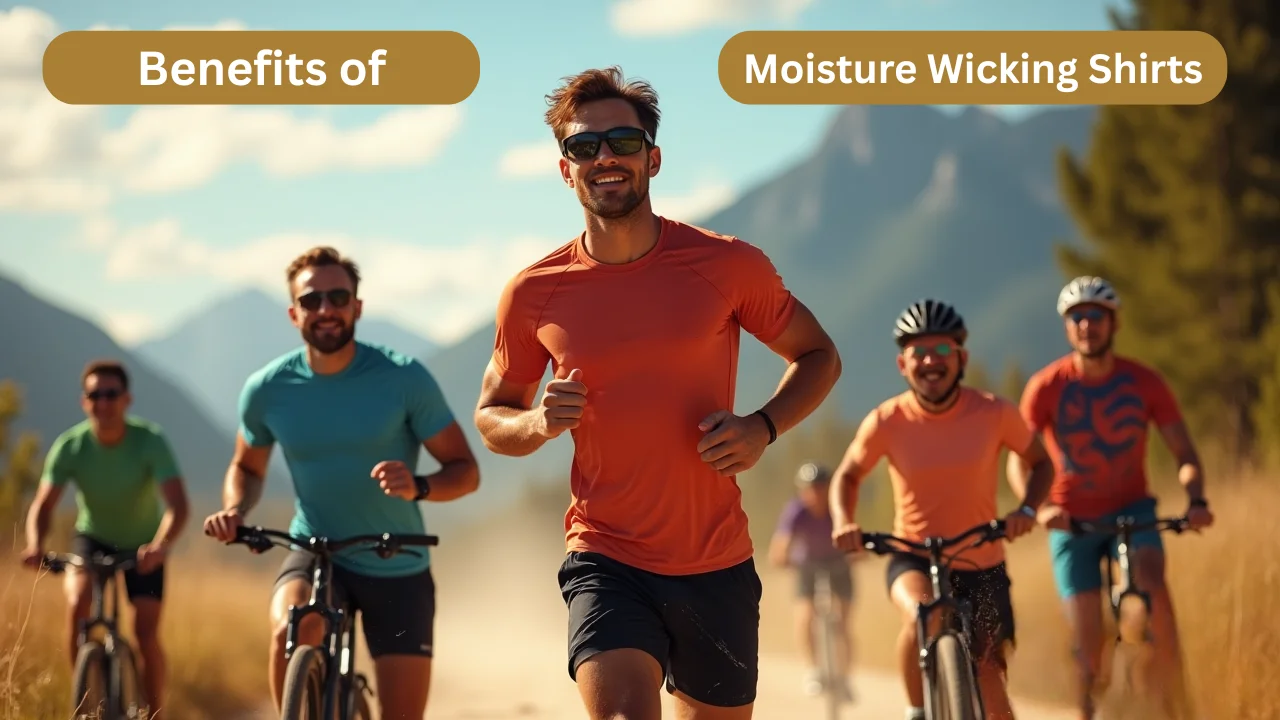 Group of people running and cycling outdoors wearing moisture-wicking shirts.