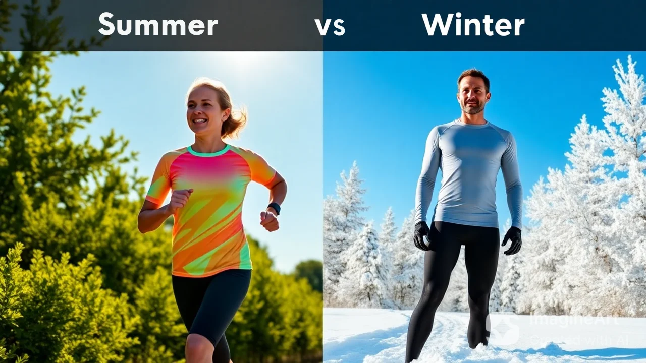 Woman and man wearing moisture wicking shirts in summer and winter conditions
