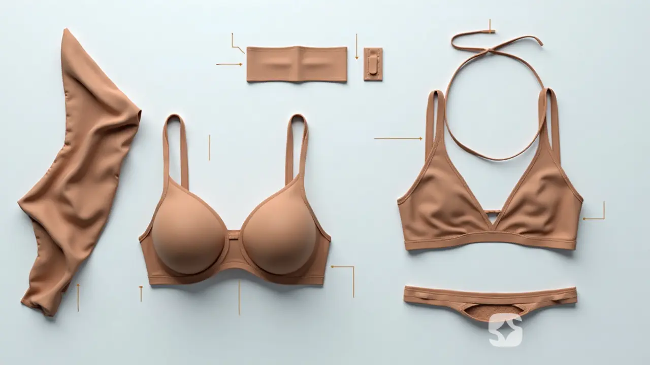 Visual comparison of bra materials including cotton, nylon, polyester, and spandex