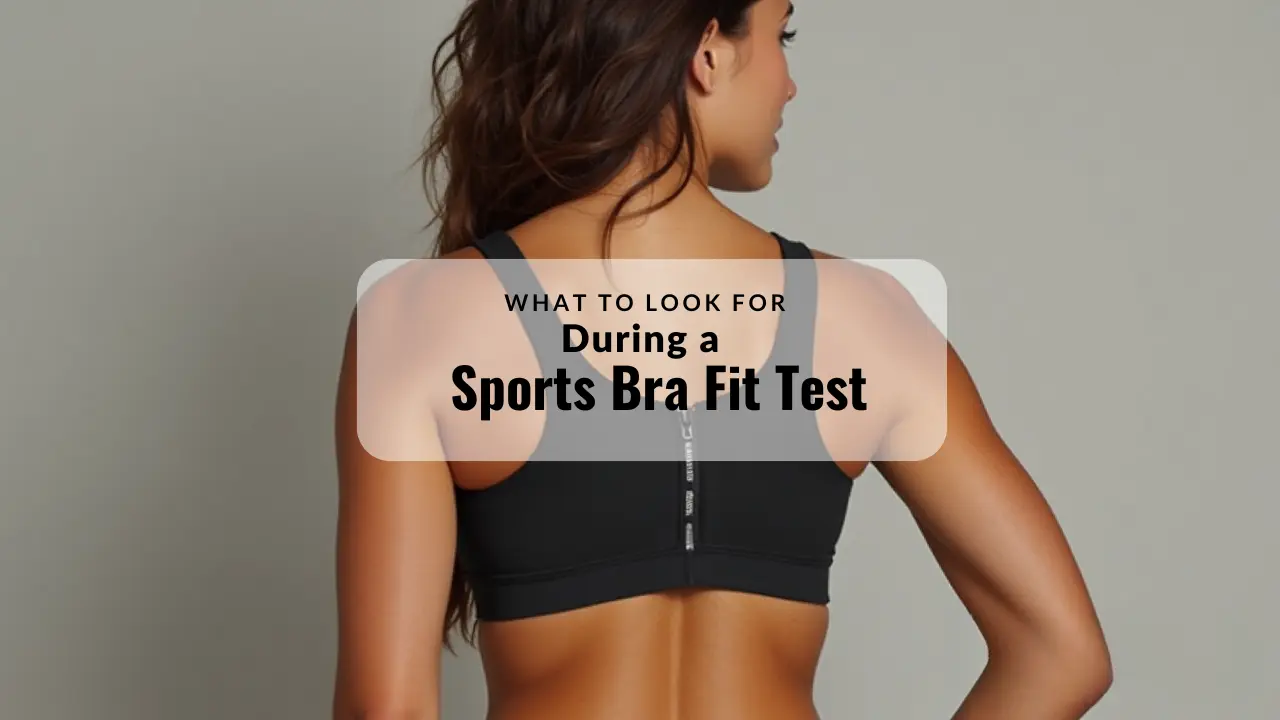 Woman wearing a sports bra during a fit test, showing proper back strap position